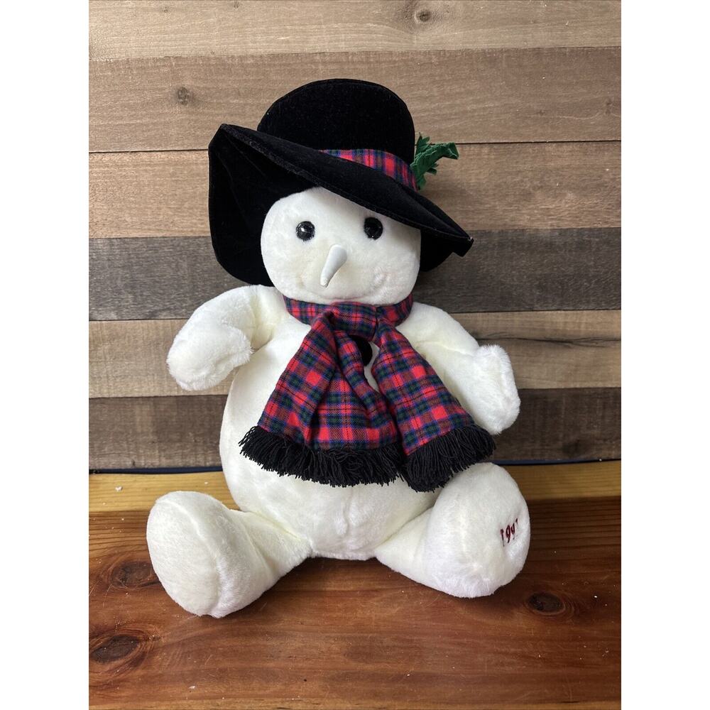 1997 Snowden Plush Snowman 22" Tall Black Top Hat Red Plaid Scarf Christmas